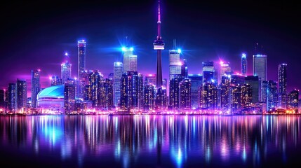 Fototapeta premium Vibrant nighttime skyline of toronto celebrating canada's independence day with reflective city lights