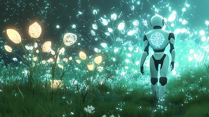 Futuristic robot walking through a field of glowing bioluminescent flowers at night.