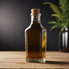Dark glass bottle filled with golden sesame oil on a wooden table , kitchen, food