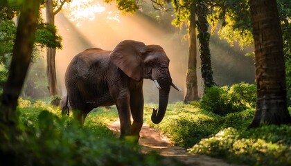 Fototapeta premium A majestic rescued elephant strolling through a lush sanctuary