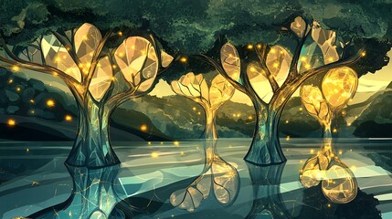 Magical glowing trees reflected in calm water at sunset.