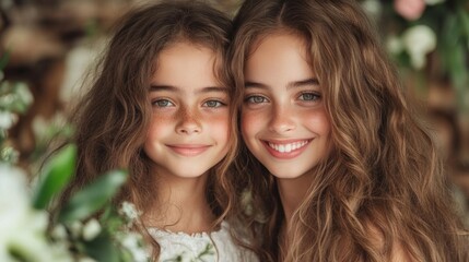 Obraz premium Smiling caucasian young girls with long hair surrounded by flowers. Happy day to the siblings, sisters, girlfriends, friendship