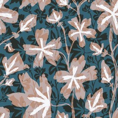 This seamless pattern features hand-drawn brown flowers with white accents on a teal background, creating a rustic and artistic floral design.