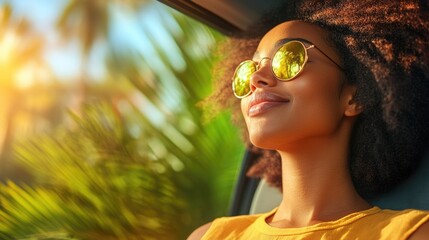 Relaxed african woman enjoying scenic tropical views in sunglasses