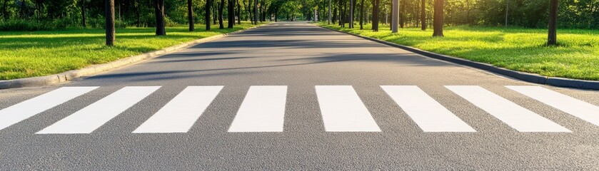 White crosswalk lines on asphalt street provide pedestrian safety and accessibility in urban environment
