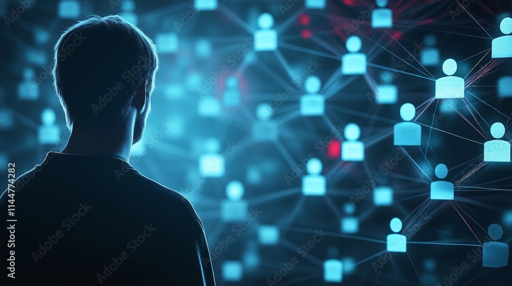 Poster man exploring global network, visualizing social connections and professional relationships in the d