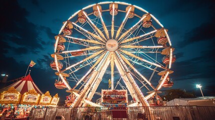 Vintage Carnival at Night with Ferris Wheel Lights