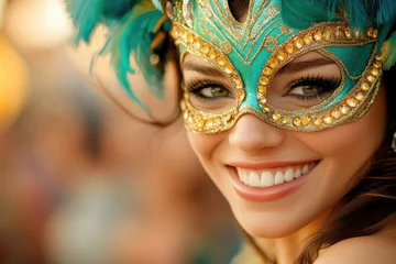 Beautiful young woman in carnival mask on blured background. Carnival banner with copy space