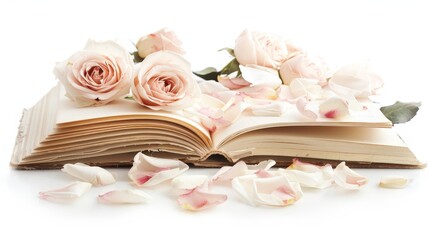 Open Book Surrounded by Soft Pink Roses and Delicate Petals on White Surface