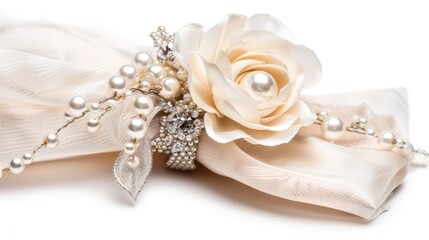 Elegant White Rose with Pearls and Satin Ribbon for Wedding Decoration