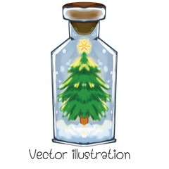 Christmas tree in a glass jar with snow falling starlight shines Vector illustration