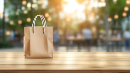 Rustic brown paper bag on wooden table, ecofriendly packaging mockup for sustainable shopping and delivery
