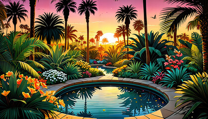 Sunset Oasis: Tropical Garden with Reflecting Pool