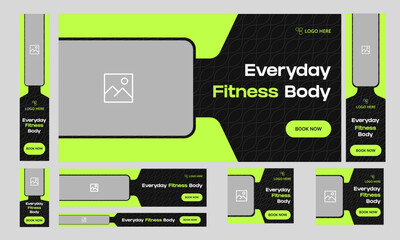 Everyday body fitness web bundle banner design for social media post, daily workout and exercise web set banner design, customizable vector eps 10 file format