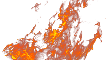 Fire flames burning with red hot sparks on transparent background and texture effects