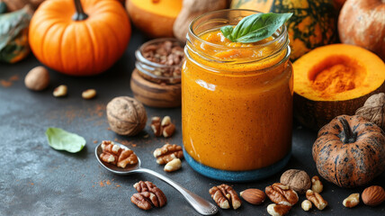 Fototapeta premium Creamy pumpkin puree in jar surrounded by fresh pumpkins, nuts, and spices creates warm autumn atmosphere. Perfect for seasonal recipes and decorations