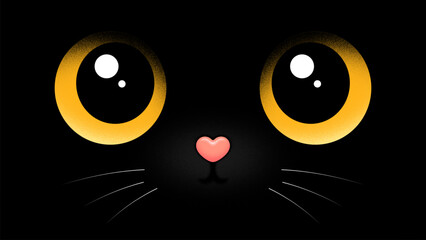 Cute cartoon adorable black cat face with big curious glowing yellow eyes and tiny heart-shaped pink nose in darkness. Sweet and minimalistic lovely design for kids and cat lovers. Vector illustration © 3d_kot