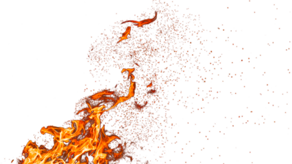 Fire flames burning with red hot sparks on transparent background and texture effects
