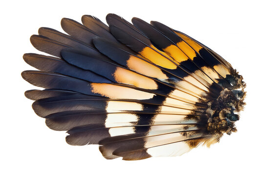 Colorful feathers arranged in a beautiful pattern, isolated on transparent or white background