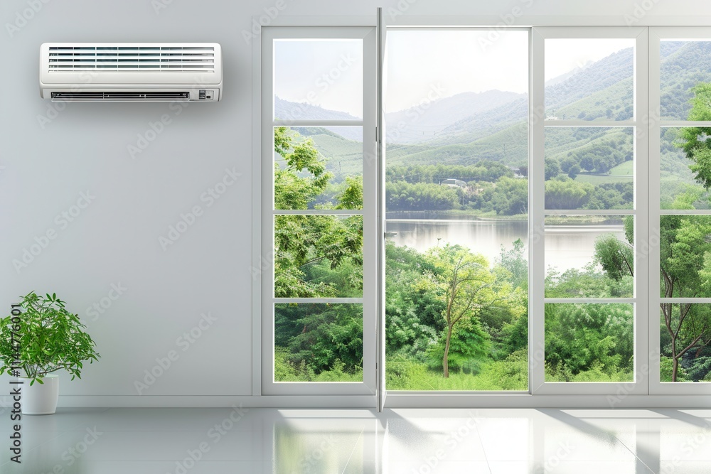 Poster Air conditioner providing cool air near a wide open window with a view of lush greenery and a serene water body. Generative AI