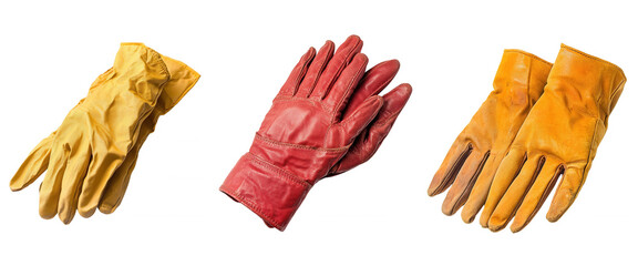 Three pairs of colorful work gloves, isolated on transparent or white background