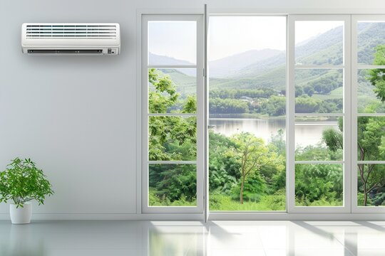 Fototapeta Air conditioner providing cool air near a wide open window with a view of lush greenery and a serene water body. Generative AI