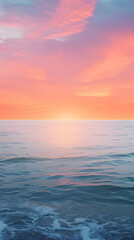 Obraz premium Tranquil Dusk: Serene Ocean View with Orange Sun Setting Over Majestic Horizon, an Anchored Boat, and Frothy Waves Caressing the Sandy Shore