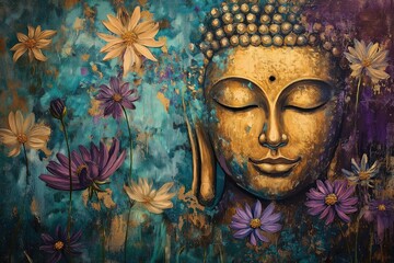 Serene Buddha Meditating Amid Glowing Abstract Flowers with Cosmic Colors and Delicate Brushstroke Details