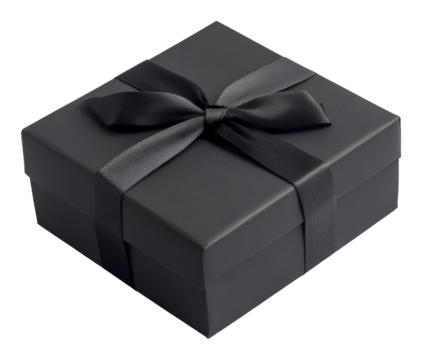 Black gift box with satin ribbon, elegant and luxurious packaging concept