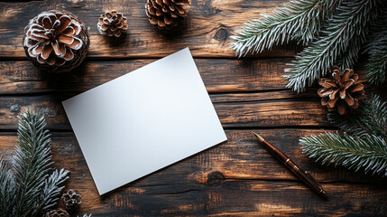 A personalized holiday card propped up against a pen holder.