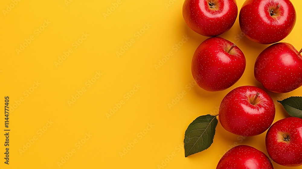 Poster red apples on yellow background with copy space.