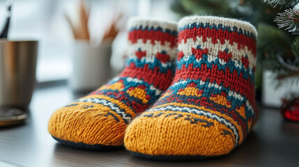 A pair of mittens resting on the corner of an office desk.
