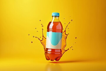 Clear plastic soda bottle mockup with a colorful label floating mid-air surrounded by liquid splashes, against a bright yellow-orange background for a fun, energetic vibe