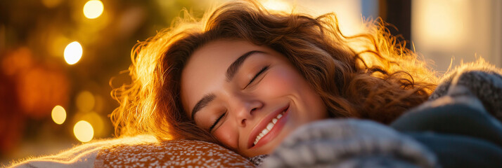 A woman lies peacefully, wrapped in a cozy blanket, her face gently illuminated by soft, warm lighting, symbolizing tranquility and comfort.