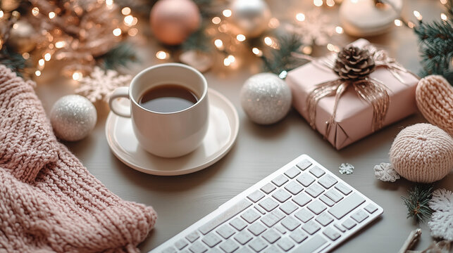 A project planner surrounded by minimalist holiday decorations.