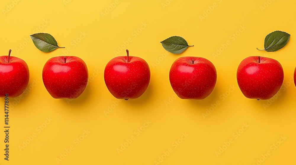Poster red apples arranged in a row on yellow background with leaves.