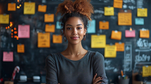 Employees brainstorming with holiday-themed sticky notes on a corkboard.