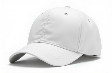 Fototapeta premium A plain white blank baseball cap with a blank front panel, isolated on white background ready for branding and adding text, logo, creative