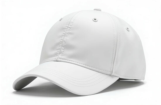 A plain white blank baseball cap with a blank front panel, isolated on white background ready for branding and adding text, logo, creative