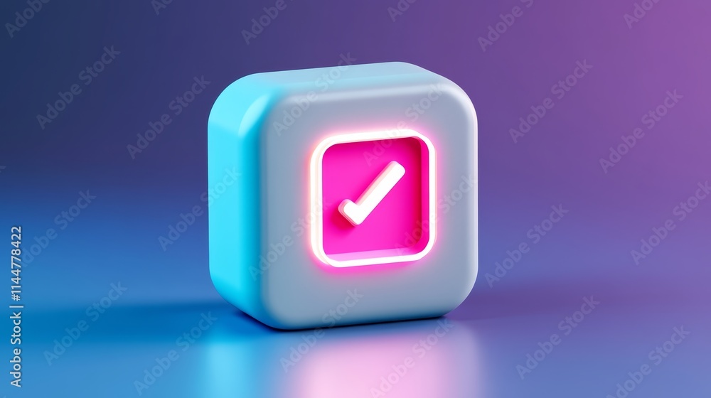 Poster pink and blue square button with tick icon, modern element for web mobile applications