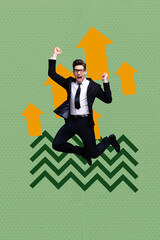 Fototapeta premium Poster sketch image artwork 3D photo collage of goal business target success young man businessman jump high worker hr arrow up business