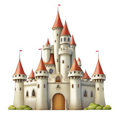 Fairytale Castle with Red Roofs and Flags Isolated on White Background Medieval Fantasy Fortress Royal Palace Kingdom Architecture History Storybook Illustration Children Book Cover Design Element