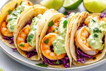 Shrimp tacos with tomatillo guacamole and cilantro lime slaw, served on a white plate with lime wedges.