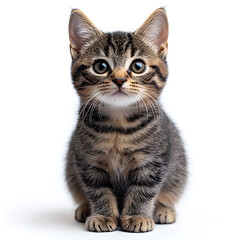 Adorable tabby kitten sitting on a white background, showcasing its striped fur and curious expression, perfect for animal-themed projects.