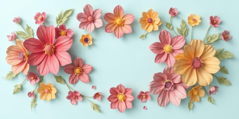 Vibrant handmade paper blooms, light blue backdrop, central empty space, copy space, paper craft, white space