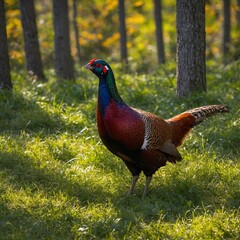 Naklejka premium pheasant_forest_glade: A colorful pheasant strutting through a vibrant forest glade.
