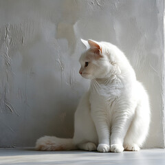 White Cat Sitting Gracefully by a Textured Wall