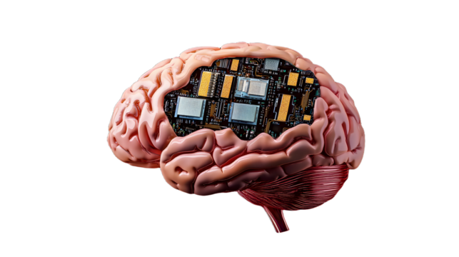 AI chips embedded in a human brain represent the future of brain-computer interfaces and AI integrations.