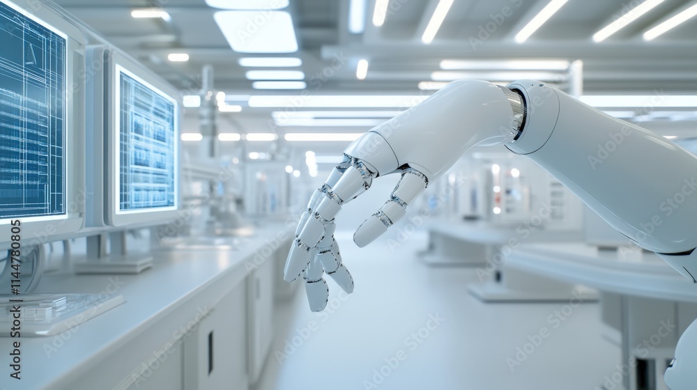 Aufkleber futuristic robotic hand interacting with computer screen in advanced laboratory