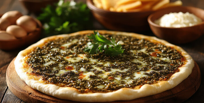 Delicious manakeesh topped with zaatar and cheese, served with fresh herbs and sides. This flavorful dish is perfect for sharing and enjoying with friends and family